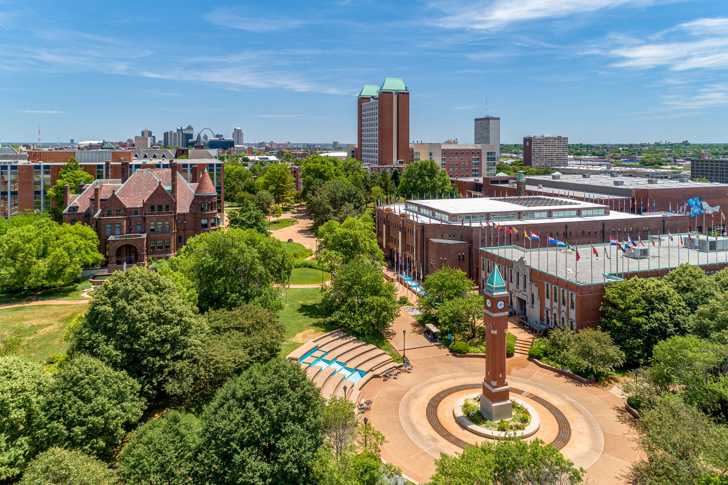 The SLU clock tower as seen from a drone.