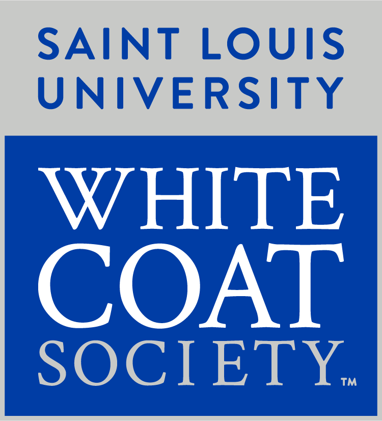 Blue and gray logo reading White Coat Society Saint Louis University