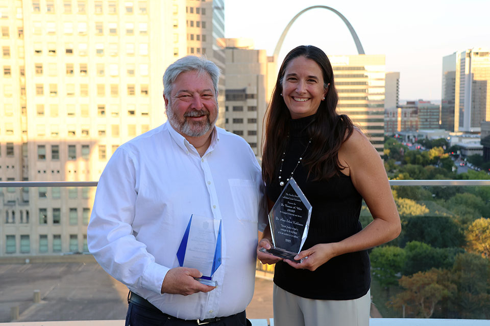 David Kaplan, Ph.D., left, and Anne K. Sebert Kuhlmann, Ph.D., were honored at the Faculty Senate Kickoff Dinner on Tuesday, Sept. 16, 2025..