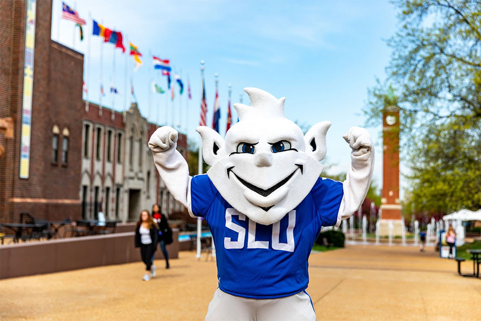 Billiken in front of the Center for Global Citizenship