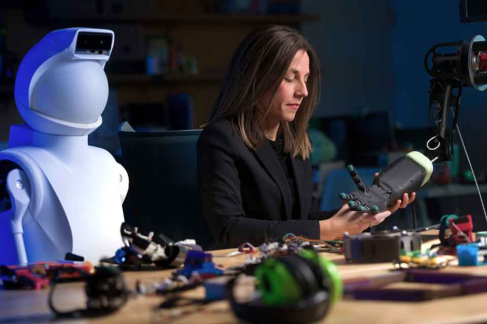 A woman holds a robotic arm while working in her lab alongside a white robotic figure.